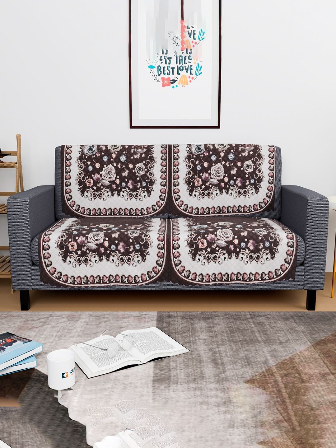 

Kuber Industries White & Brown 4 Pieces Printed 2 Seater Sofa Cover