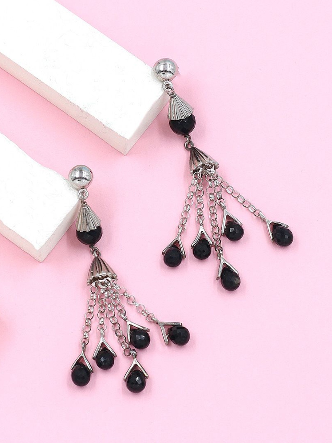 

SANGEETA BOOCHRA Silver Beaded Teardrop Shaped Drop Earrings, Black