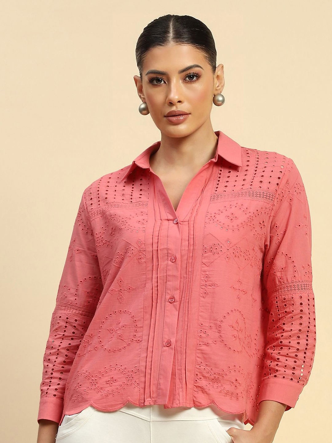 

Global Republic Women Classic Spread Collar Floral Printed Cotton Oversized Casual Shirt, Pink