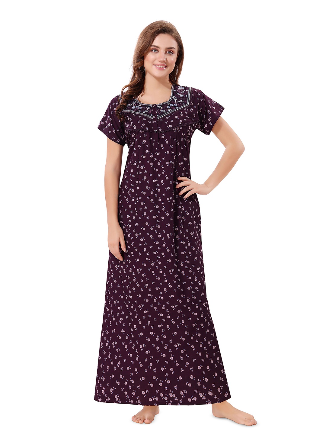 

Soulemo Women Maxi Round Neck Short Sleeves Maxi Nightdress, Purple