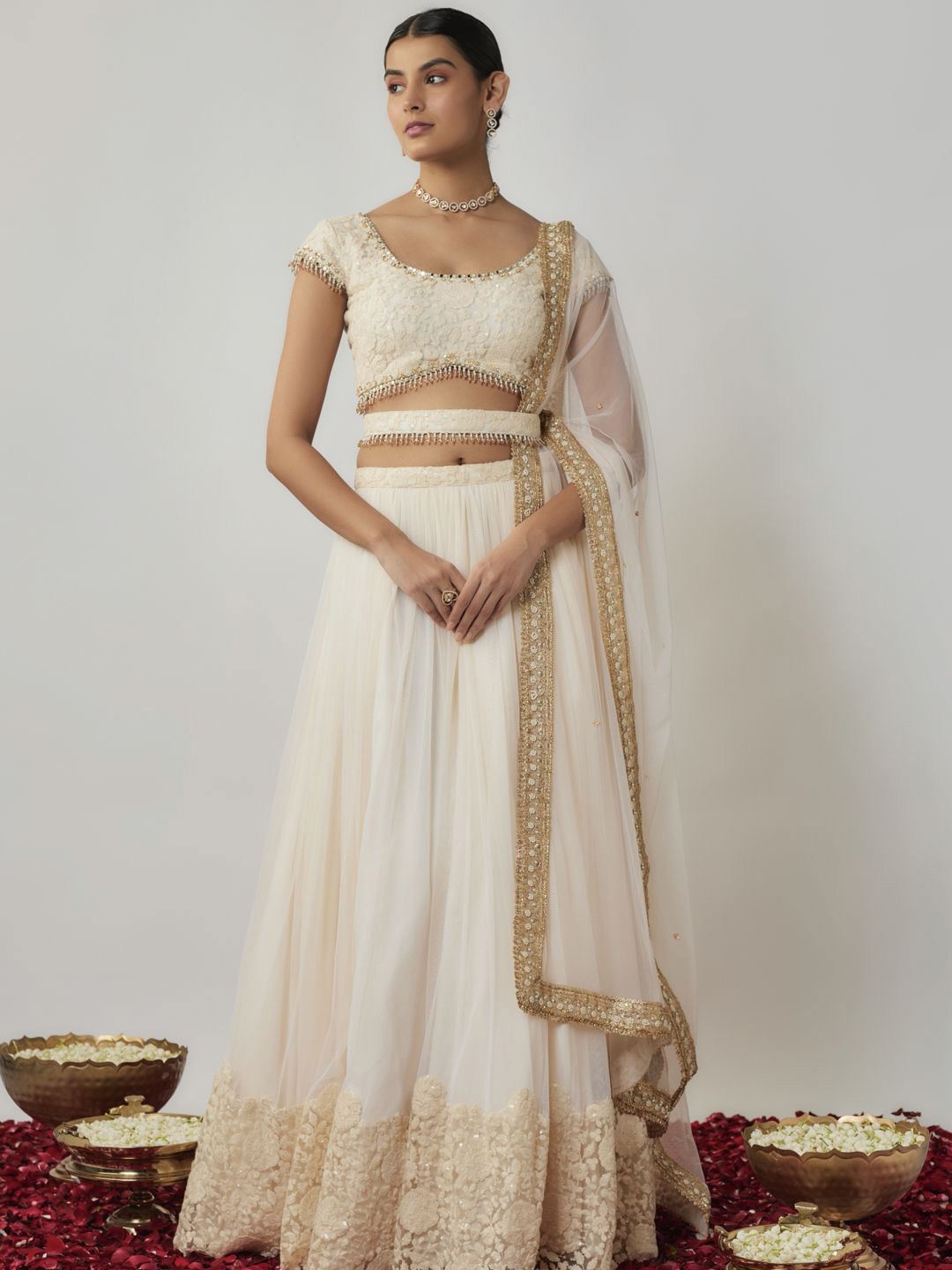 

Renee Label Embroidered Ready to Wear Lehenga & Blouse With Dupatta, Off white