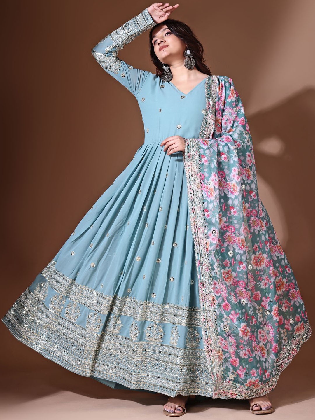 

Wedani Floral Embroidered Long Sleeves Sequinned Georgette Ethnic Dress With Dupatta, Blue