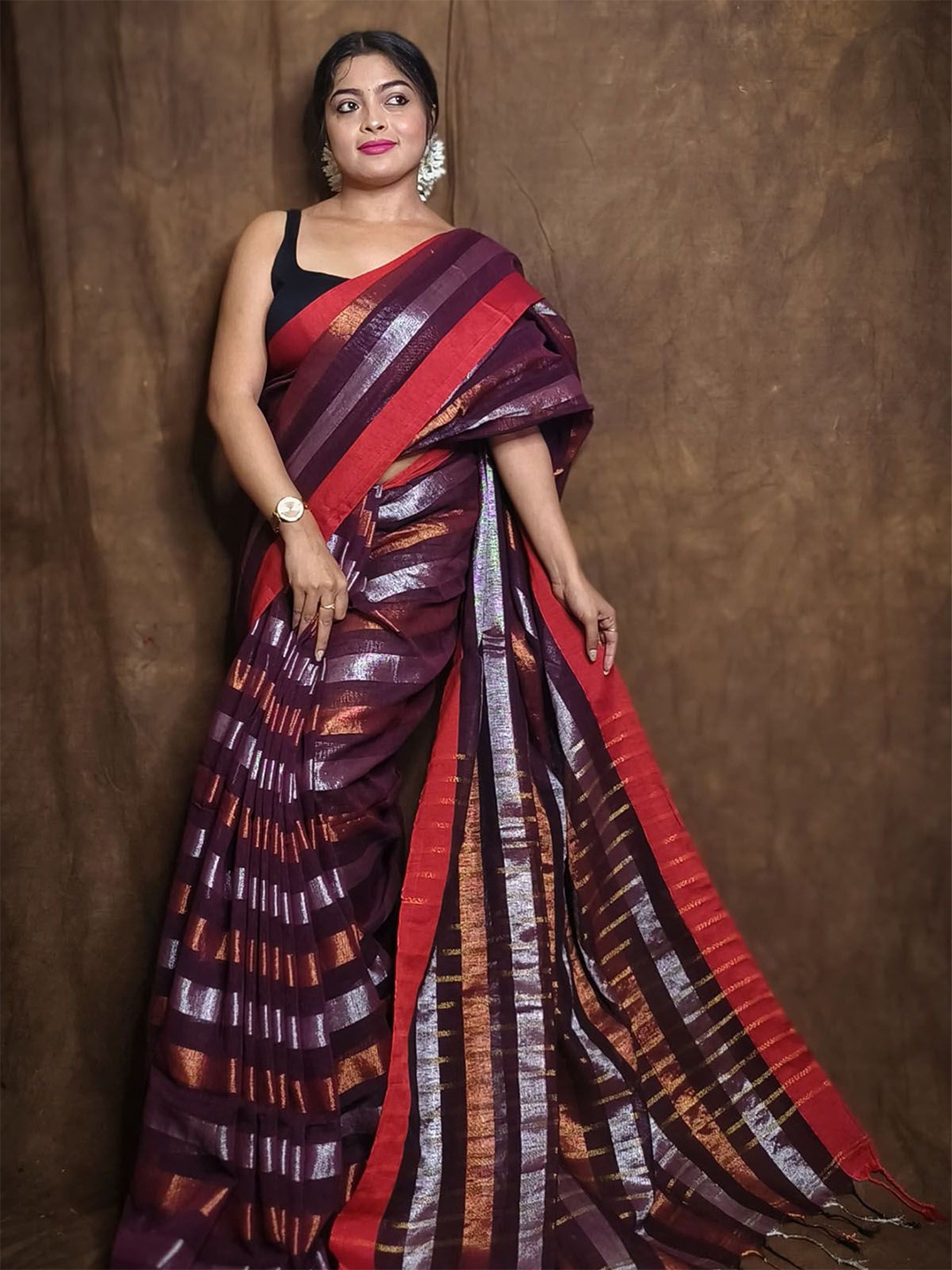 

ODETTE Striped Saree with Blouse Piece, Purple