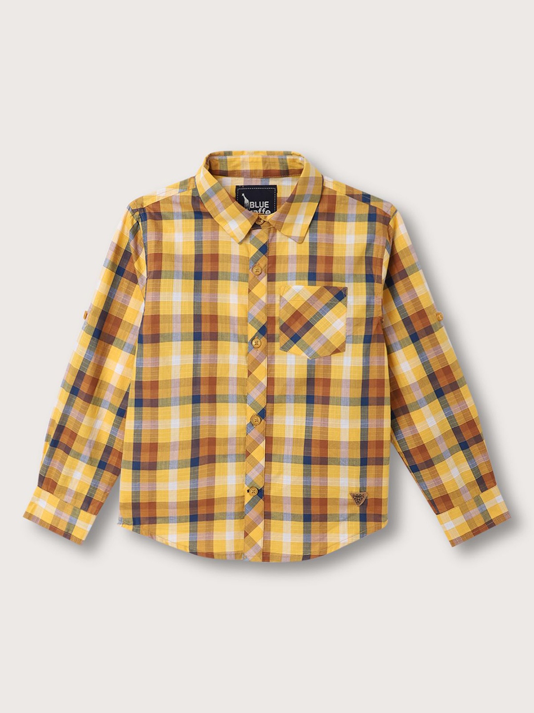 

Blue Giraffe Boys Cutaway Collar Tartan Checked Cotton Casual Shirt, Yellow