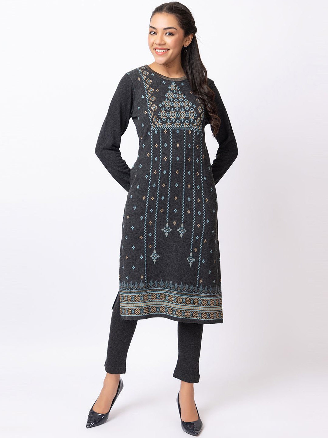 

KEIKO Geometric Indie Prints Jacquard Anarkali Kurta, Charcoal