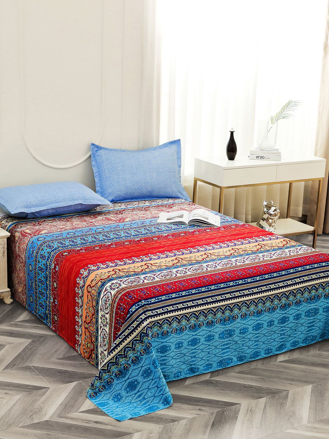 

Story@home Blue & Red Ethnic Printed 240TC Satin Finish Queen Bedsheet Set