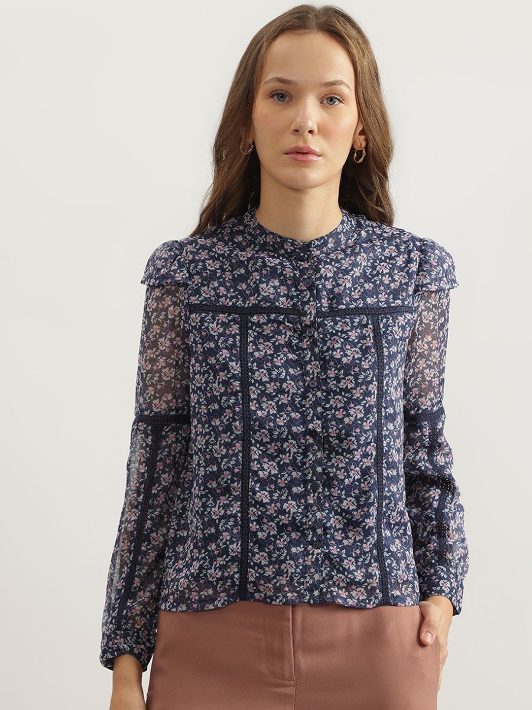 

ELLE Women Floral Printed Mandarin Collar Cotton Top, Blue