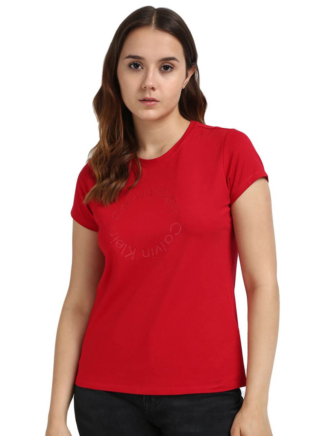 

Calvin Klein Jeans Women Solid Printed Round Neck Cotton T-shirt, Red