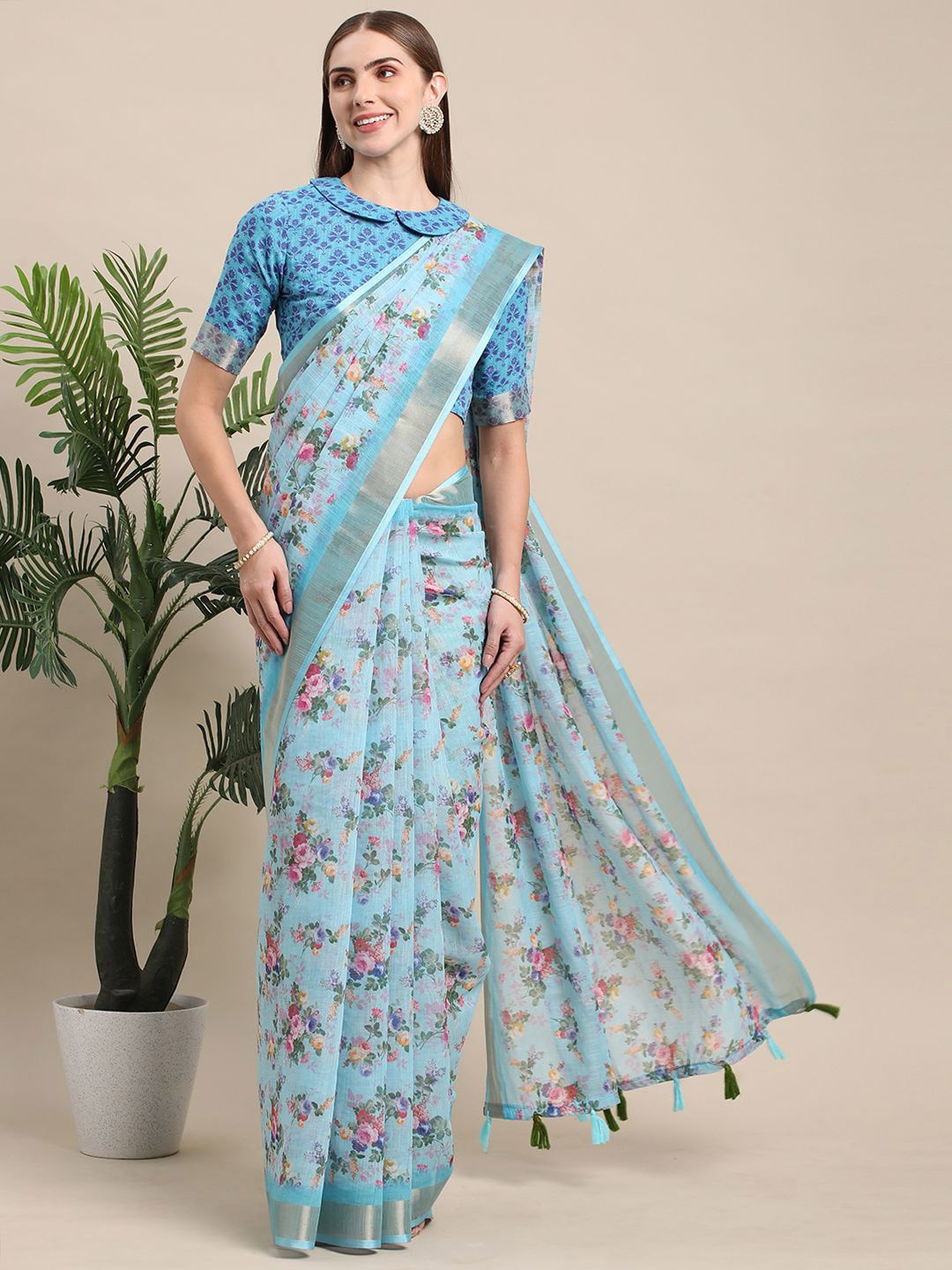 

BAPS Floral Printed Zari Pure Linen Saree With tassels, Blue