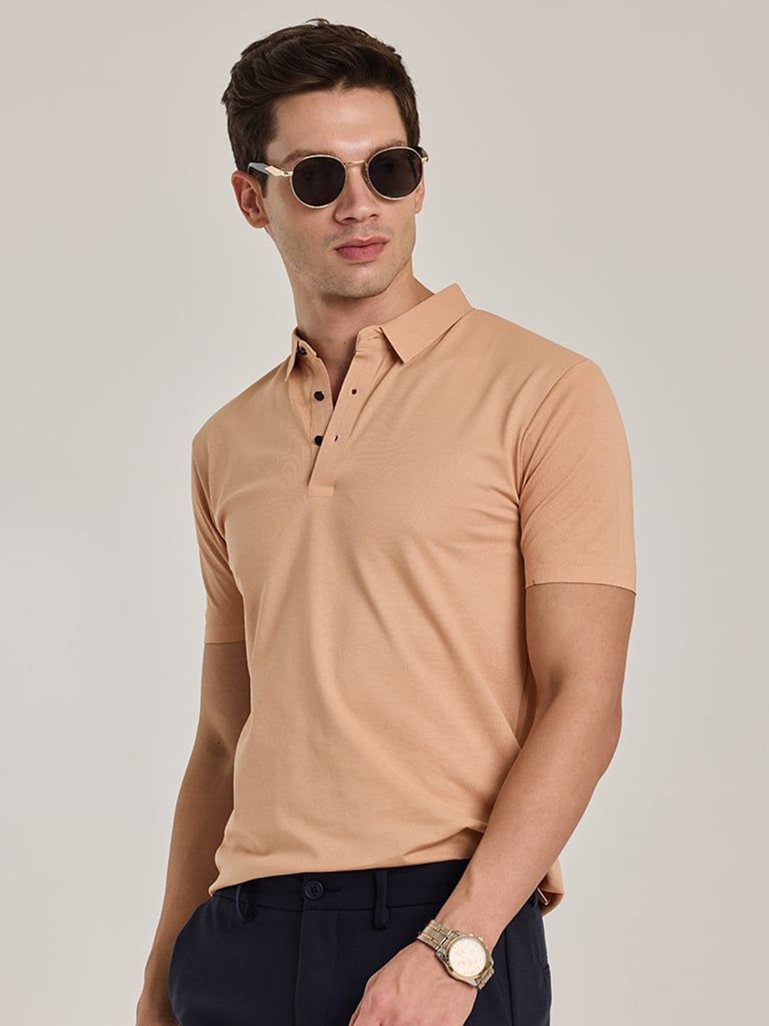 

Snitch Men Solid Polo Collar Nylon Slim Fit T-shirt, Peach