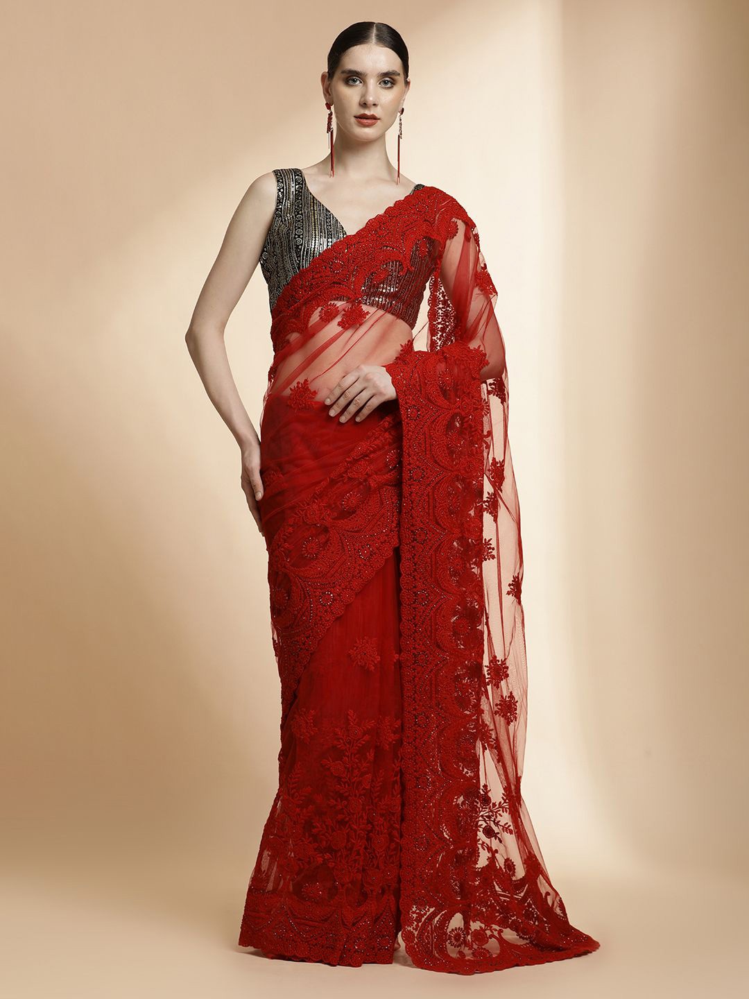 

Jaipur Kurti Party Wear Embroidered Net Red Saree