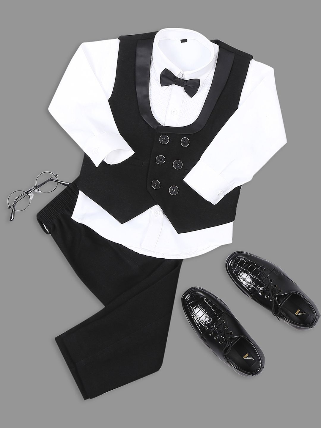 

YK Infant Boys Solid Four Piece Suit With Cotton Satin Shirt, Black