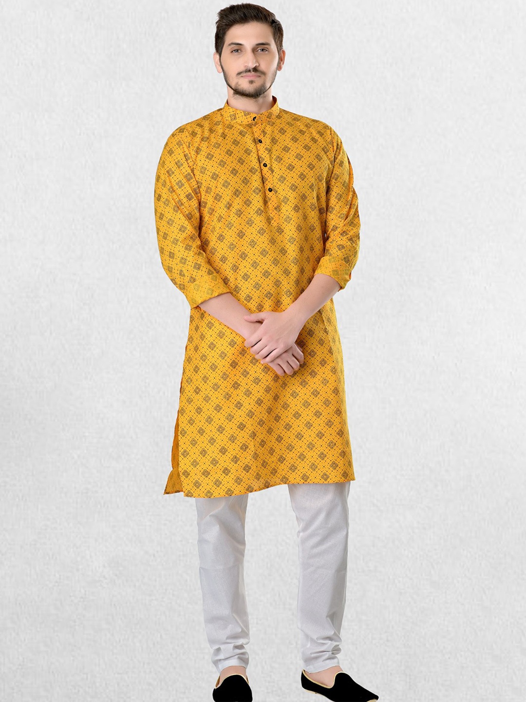 

ENCINO Geometric Printed Band Collar Cotton Kurta, Yellow