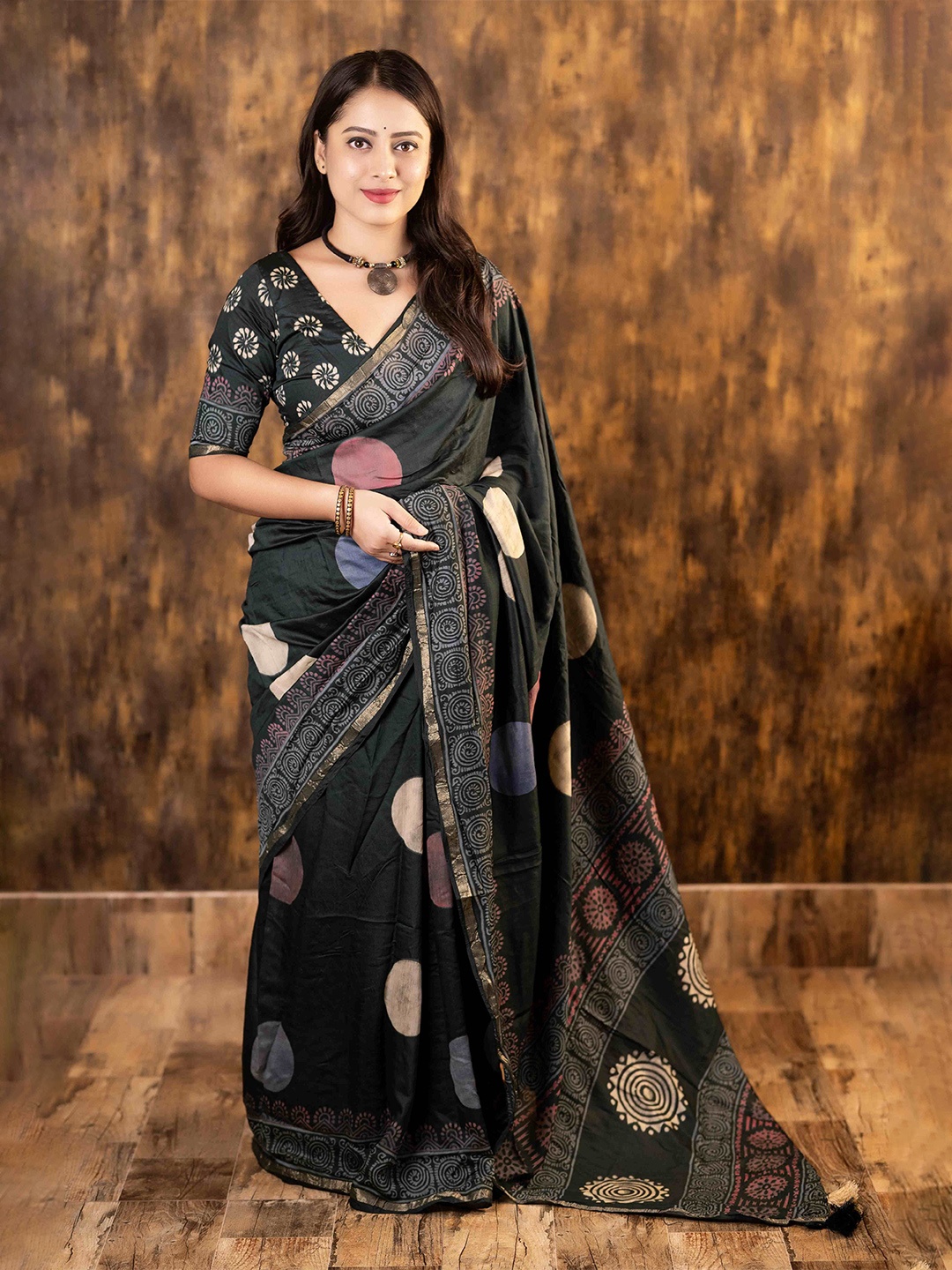 

STAVA CREATION Ethnic Motifs Pure Cotton Chanderi Saree, Green
