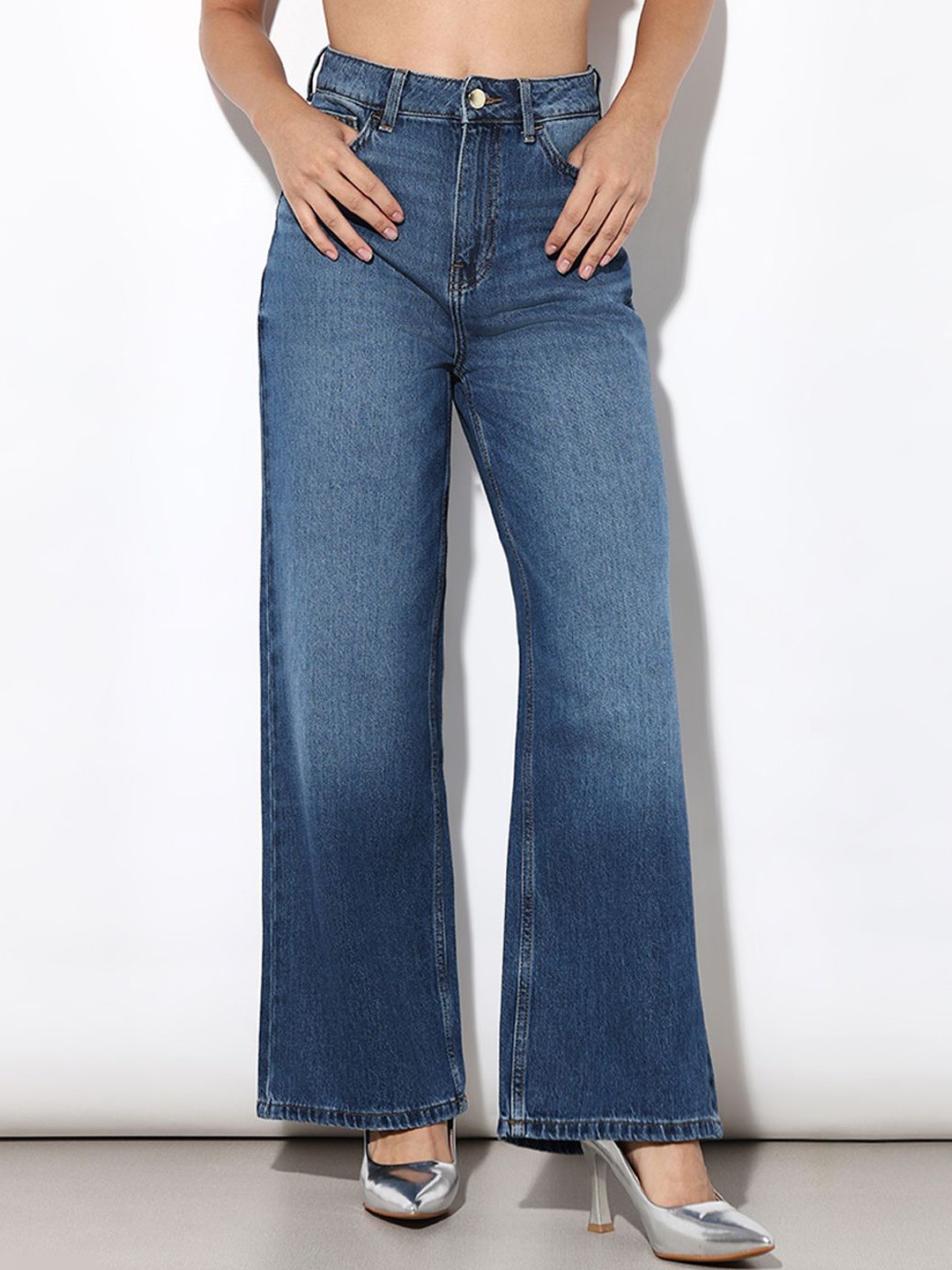 

ONLY Women Flared Cotton High-Rise Light Fade Jeans, Blue