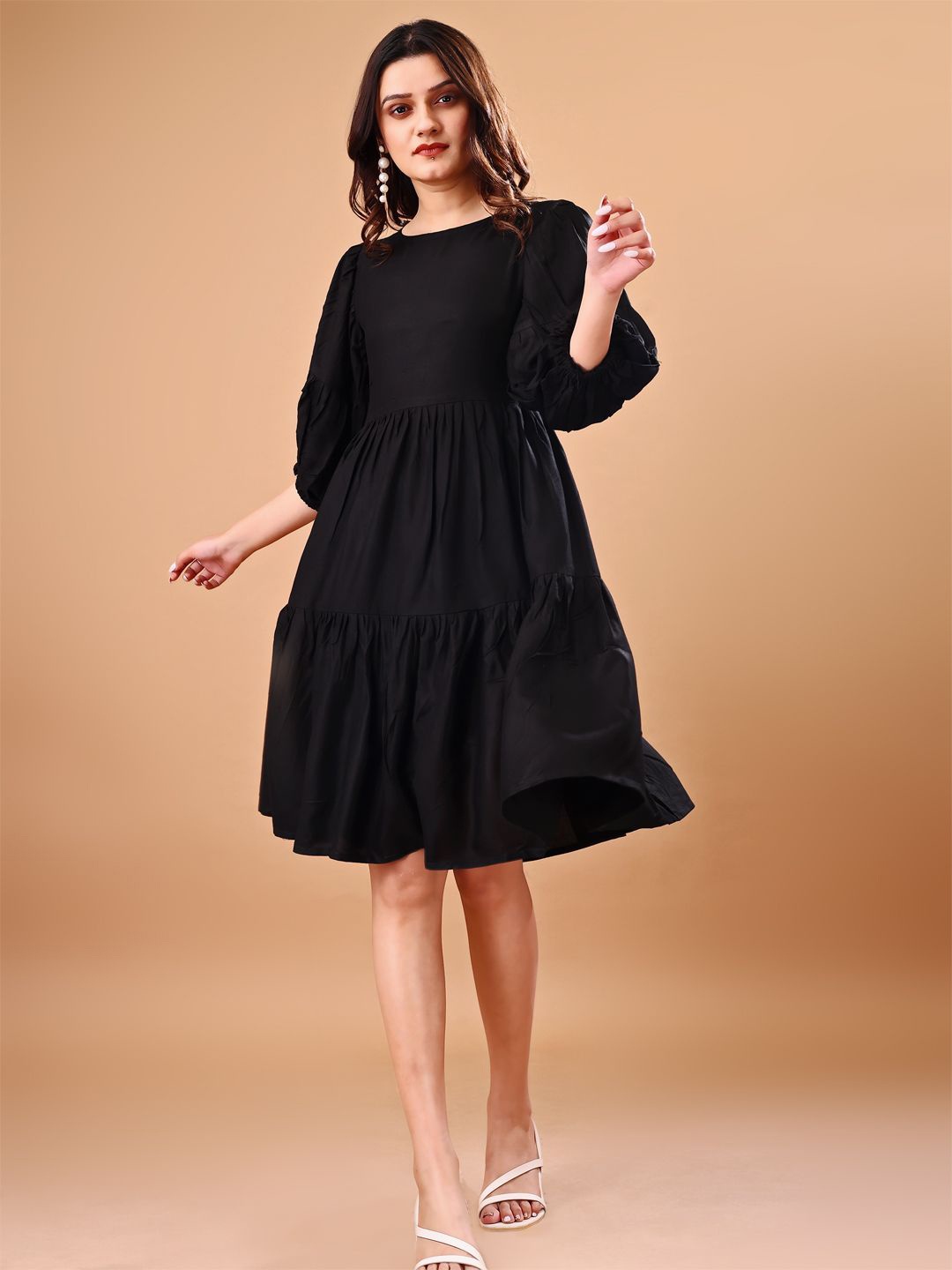 

SHINISHA Women Round Neck Puff Sleeve Fit & Flare Knee Length Dress, Black