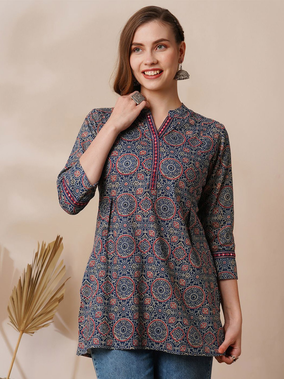 

KALINI Women Pure Cotton Ethnic Motifs Embellished Mirror Work Kurti, Navy blue