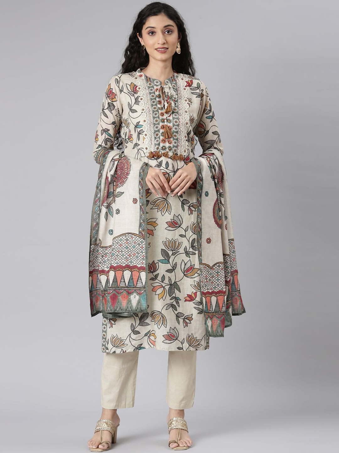 

Neerus Floral Printed Mandarin Collar Gotta Patti Kurta With Trousers & Dupatta, Beige
