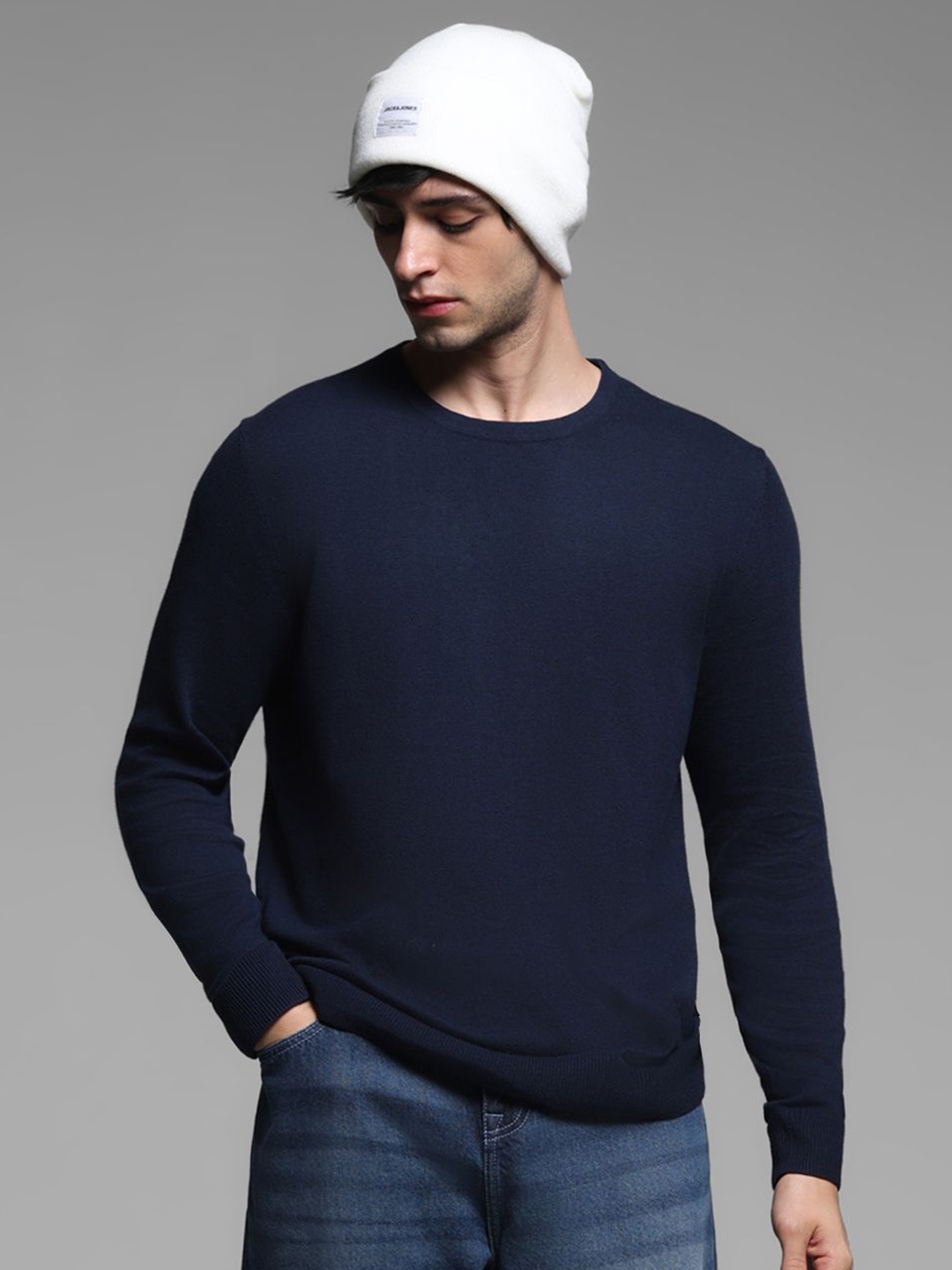 

Jack & Jones Men Solid Pullover Long Sleeves Casual Sweaters, Navy blue