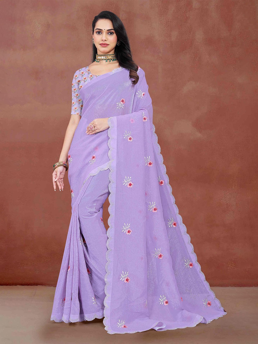 

STAVA CREATION Floral Embroidered Beads and Stones Saree, Purple