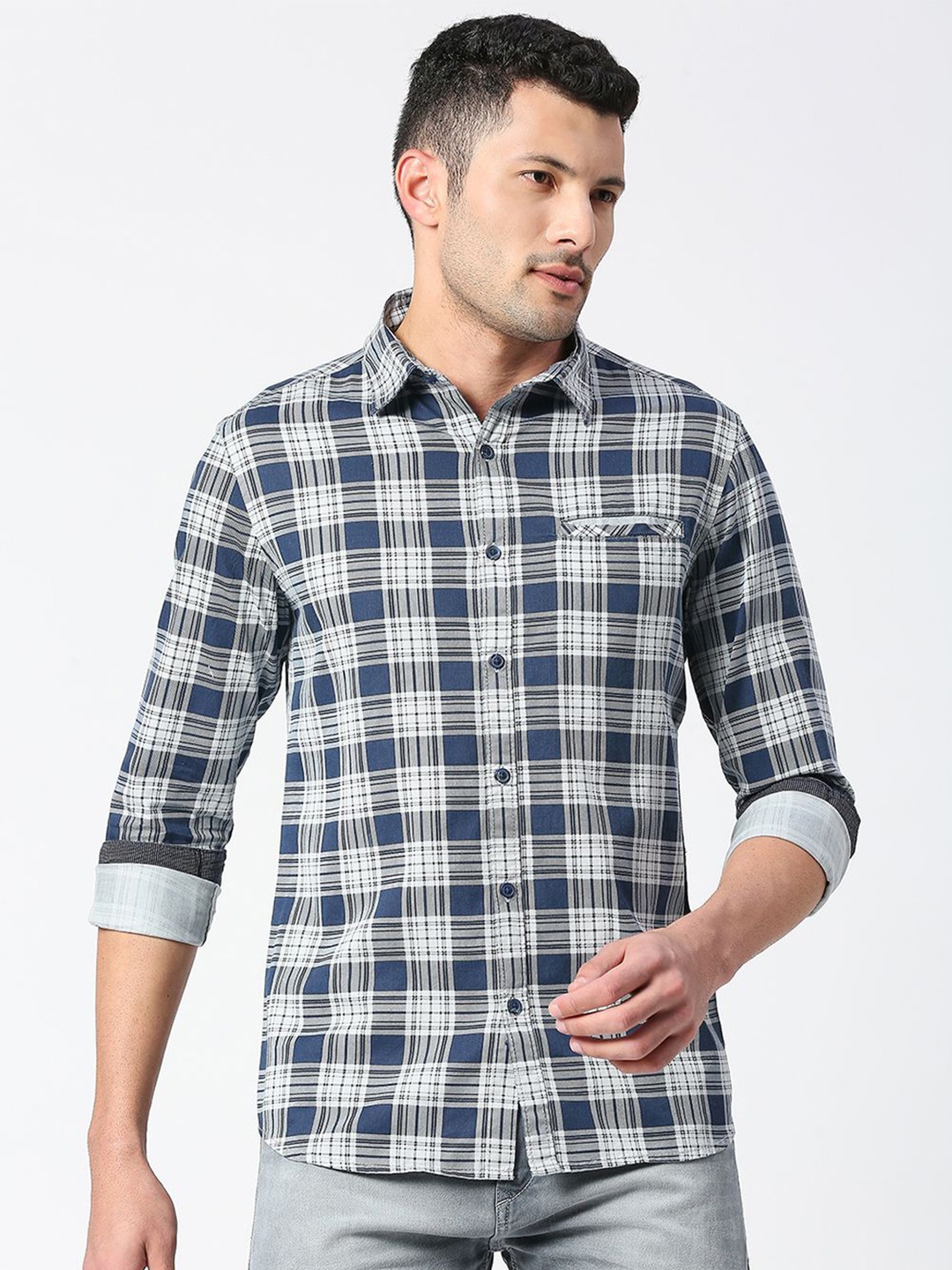 

SNX Men Spread Collar Tartan Checked Cotton Tailored Fit Casual Shirt, Blue