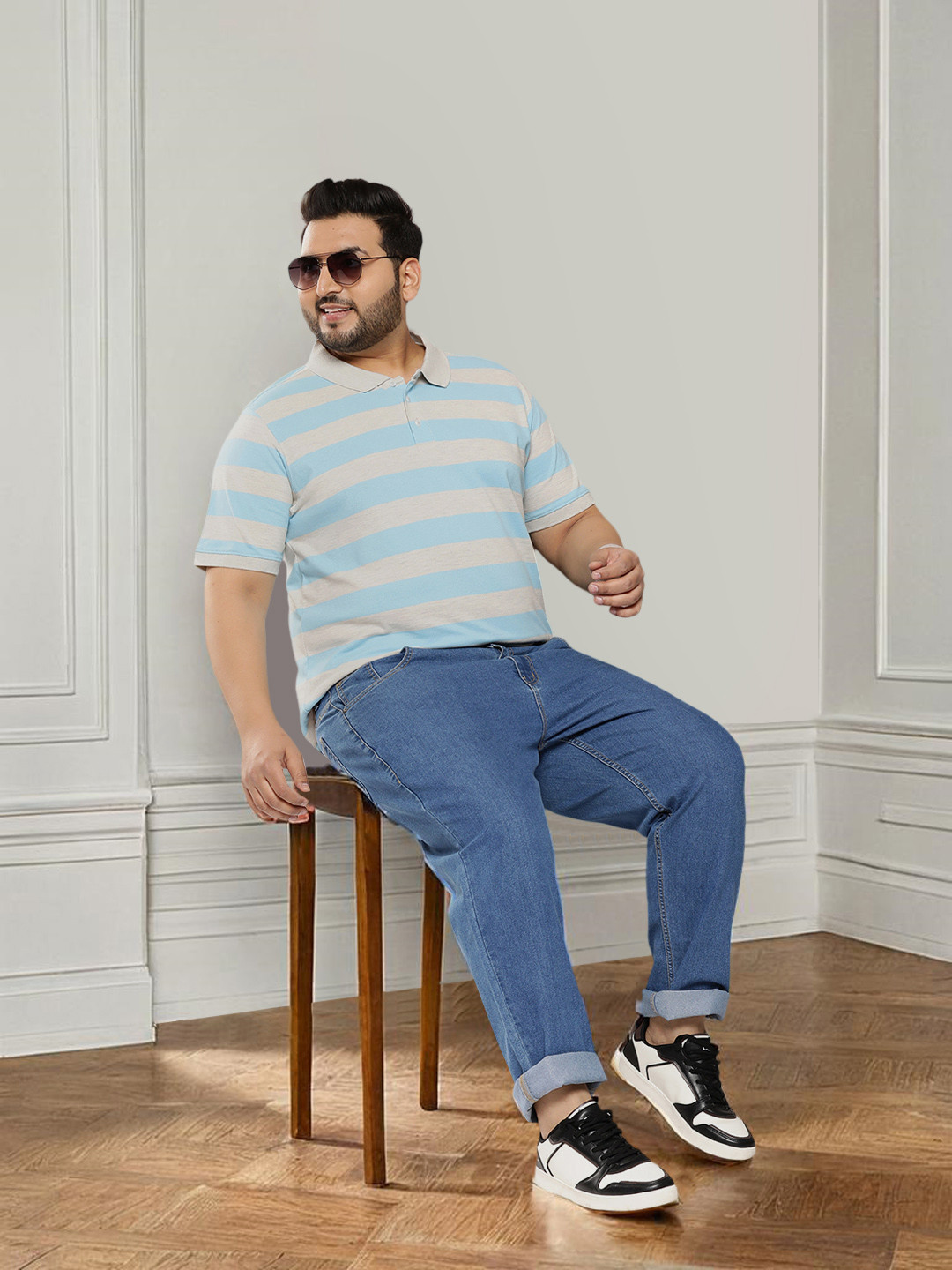 

Sztori Plus Size Striped Polo Collar T-shirt, Blue
