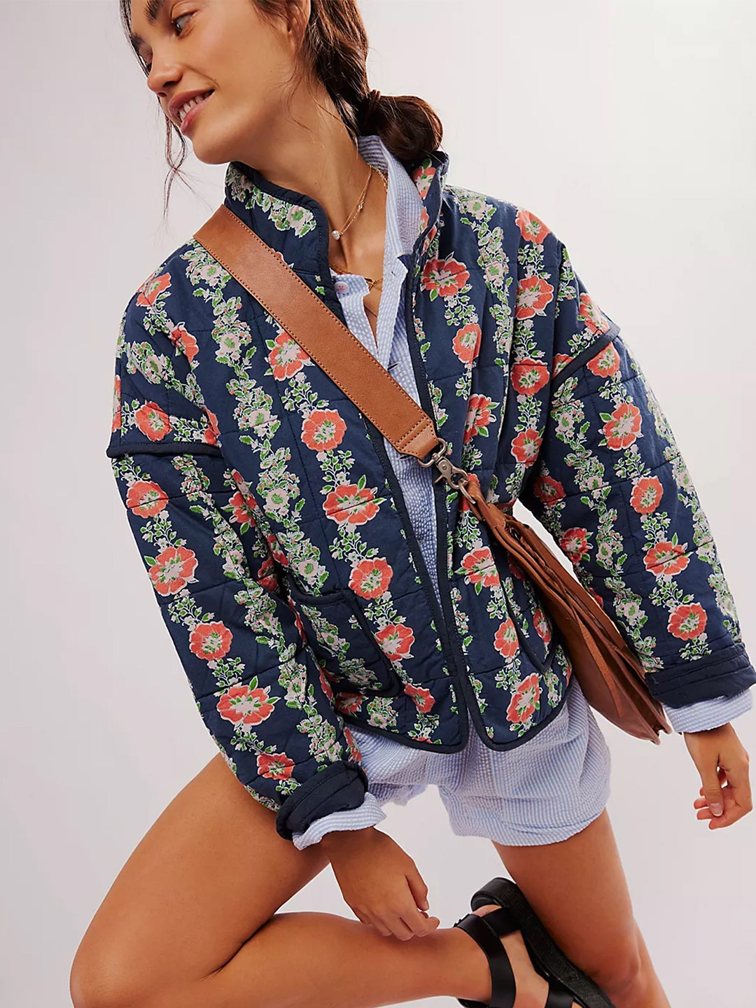 

LULU & SKY Women Stand Collar Floral Printed Casual Open Front Jacket, Navy blue