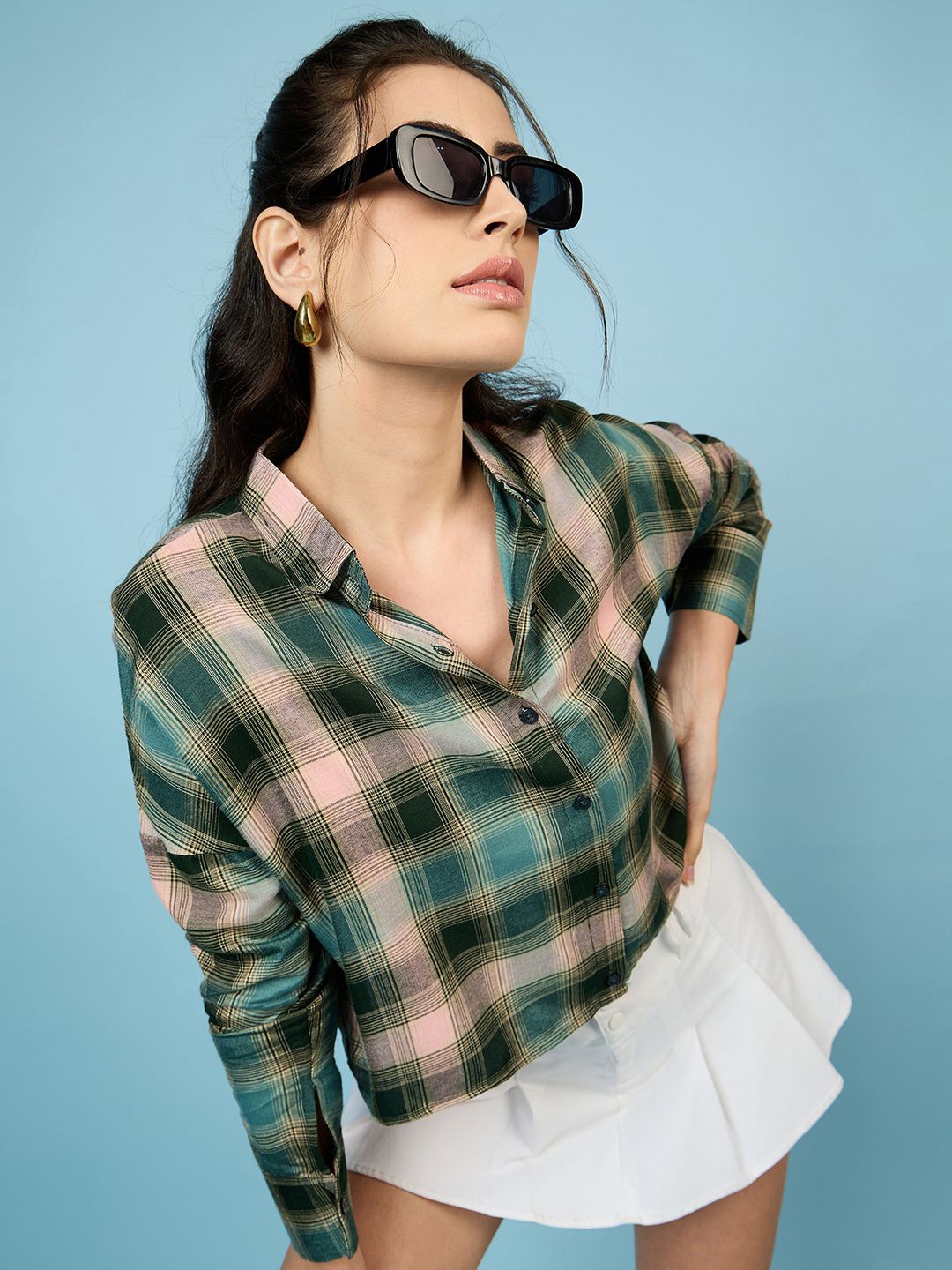 

CHIMPAAANZEE Women Spread Collar Tartan Checked Oversized Casual Shirt, Green