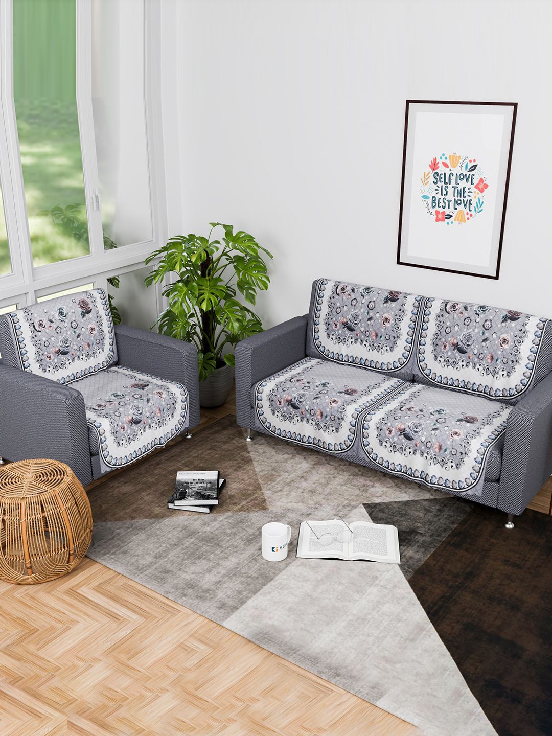 

Kuber Industries White & Grey 6 Pieces Printed 3 Seater Cotton Sofa Cover