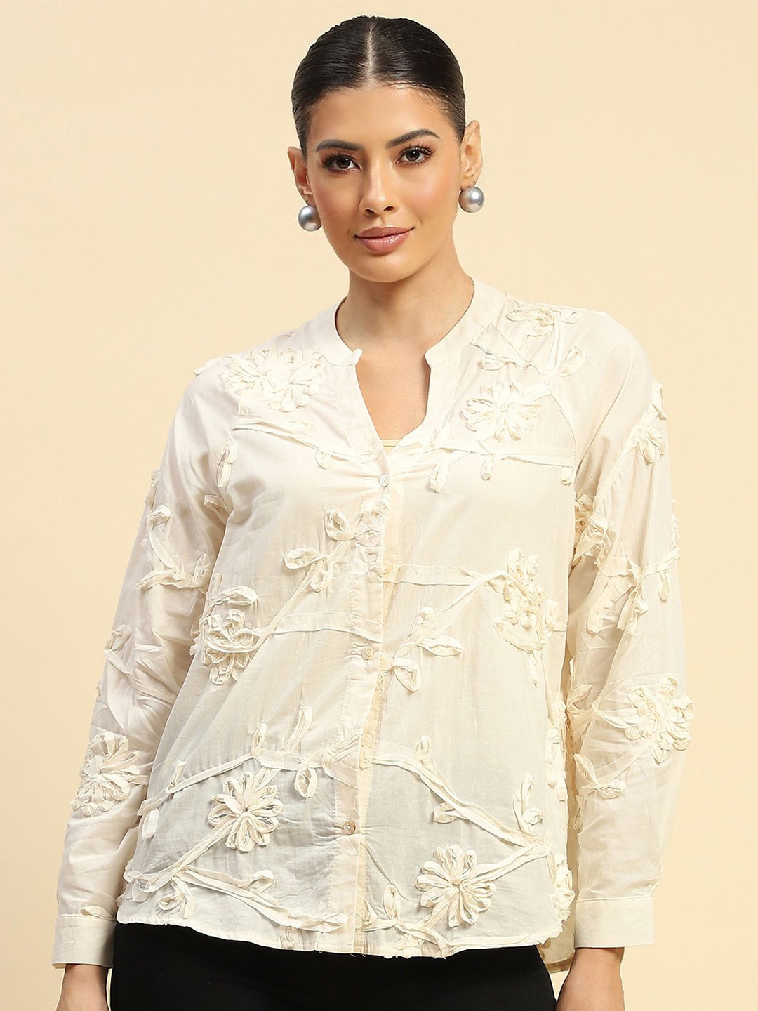

Global Republic Women Classic Mandarin Collar Floral Printed Cotton Casual Shirt, Cream