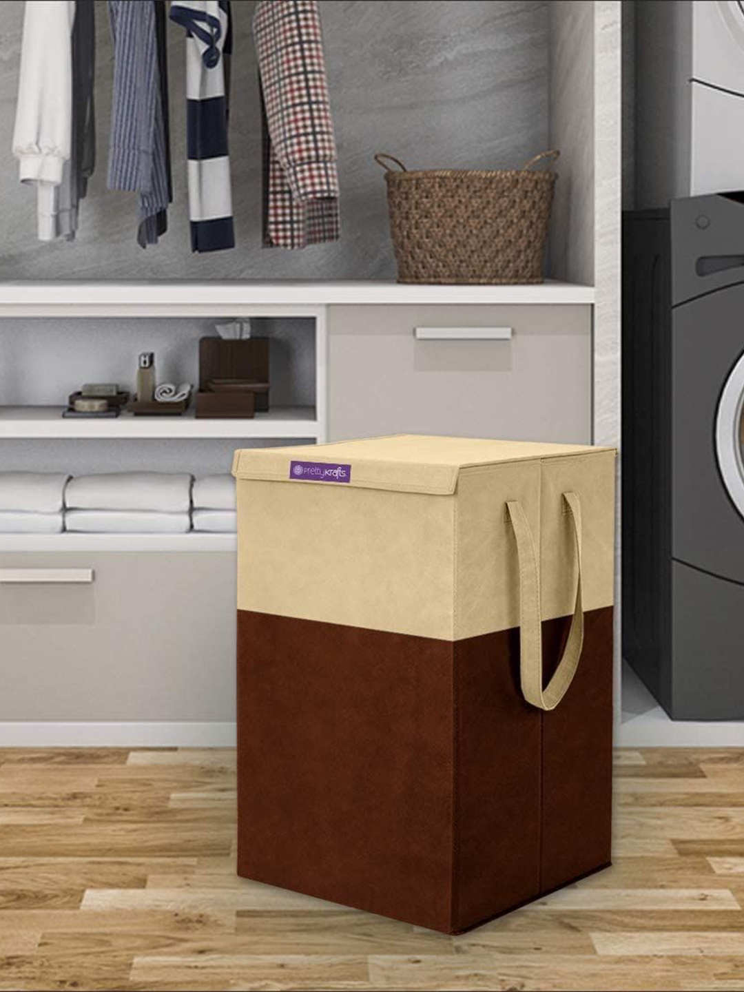 

prettykrafts Brown & Cream-Coloured Foldable Large Laundry Bag