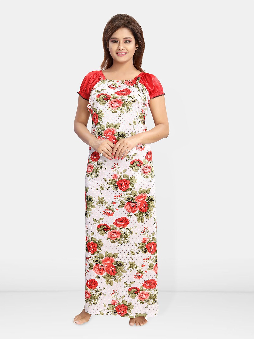 

Be You Square Neck Floral Printed Satin Maxi Nightdress, Red