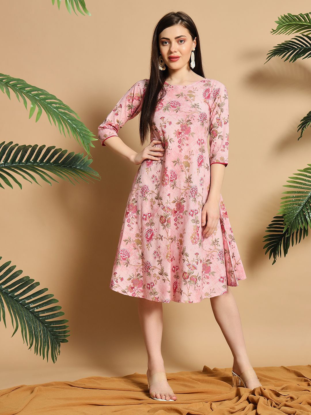 

Meeranshi Women Boat Neck Floral Print Fit & Flare Dress, Pink