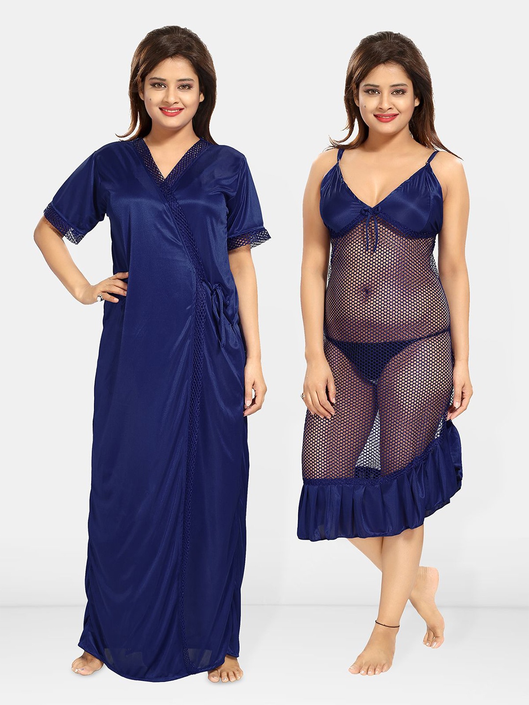 

Be You Solid Satin Maxi Nightdress With Robe, Navy blue