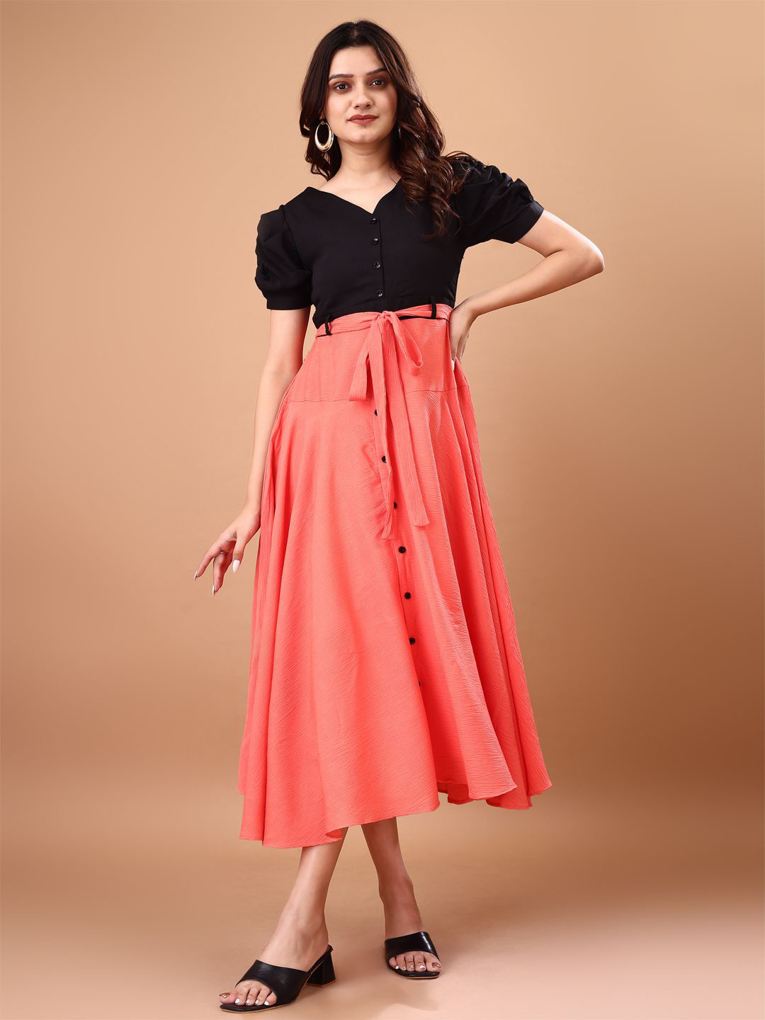 

SHINISHA Women V-neck Puff Sleeve Fit & Flare Midi Dress, Pink