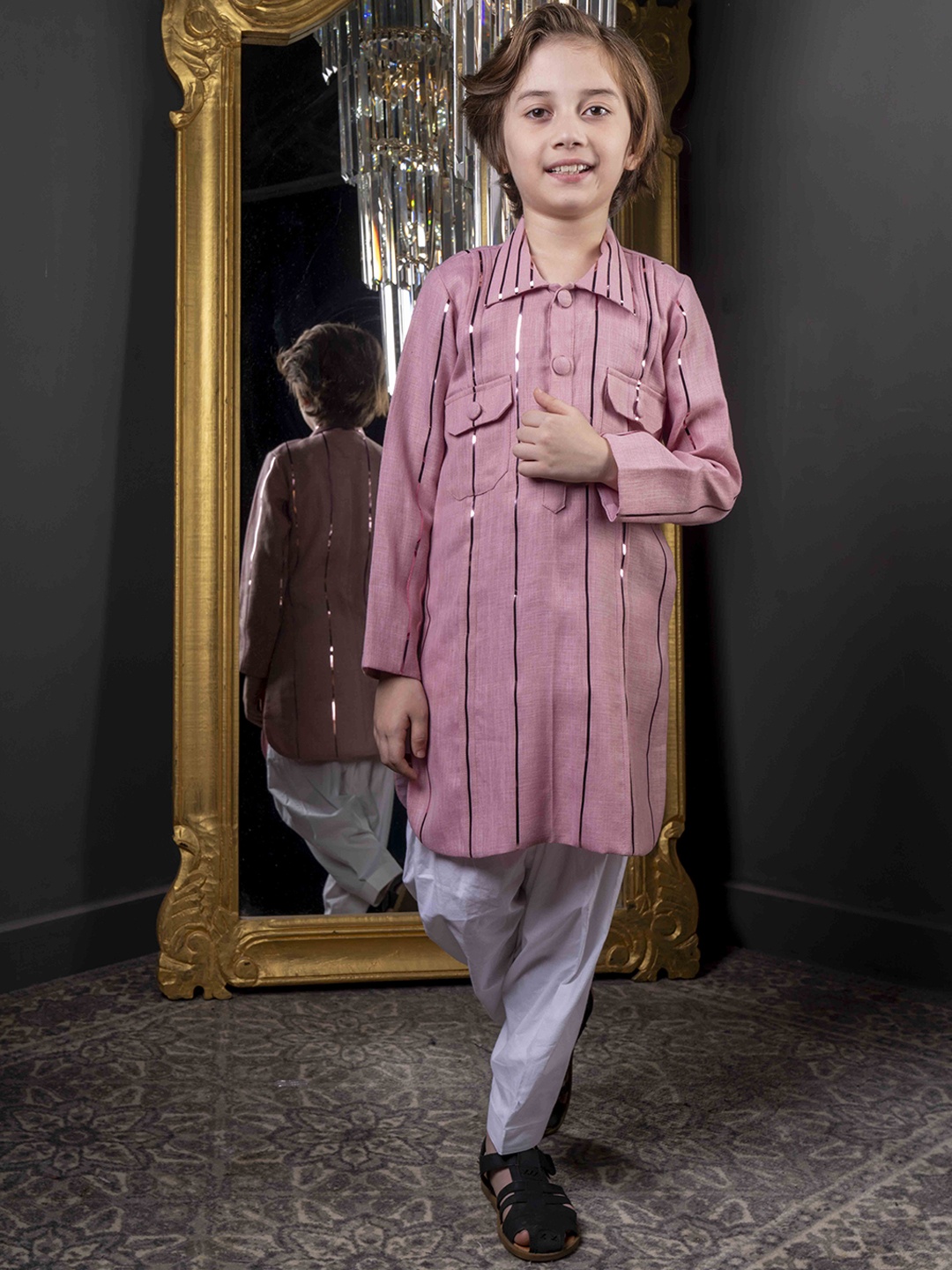 

HOITY MOPPET Boys Striped Linen Kurta With Pyjamas, Pink