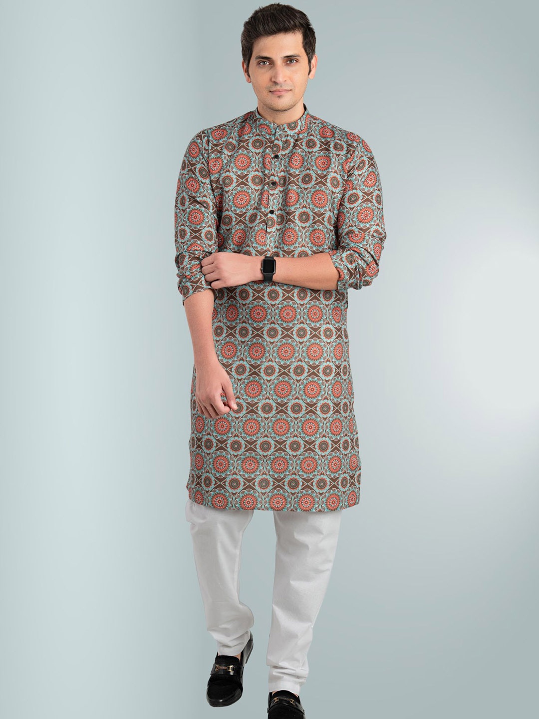 

ENCINO Ethnic Motifs Printed Band Collar Straight Kurta, Brown