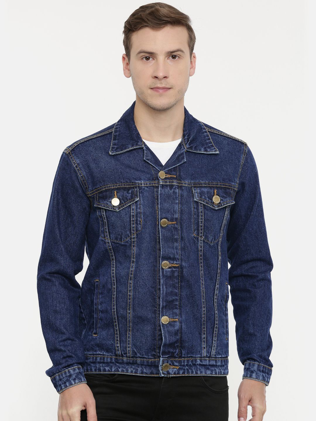 

CINOCCI Men Spread Collar Solid Cotton Casual Denim Jacket, Navy blue