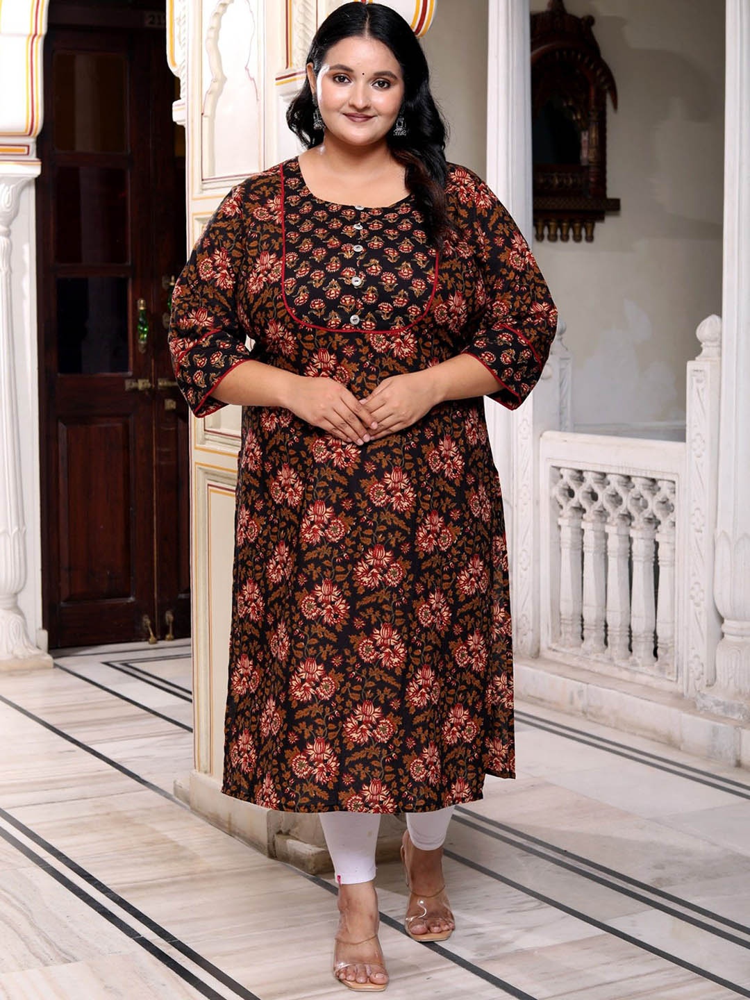 

KALINI Floral Printed Regular Cotton Straight Kurta, Black