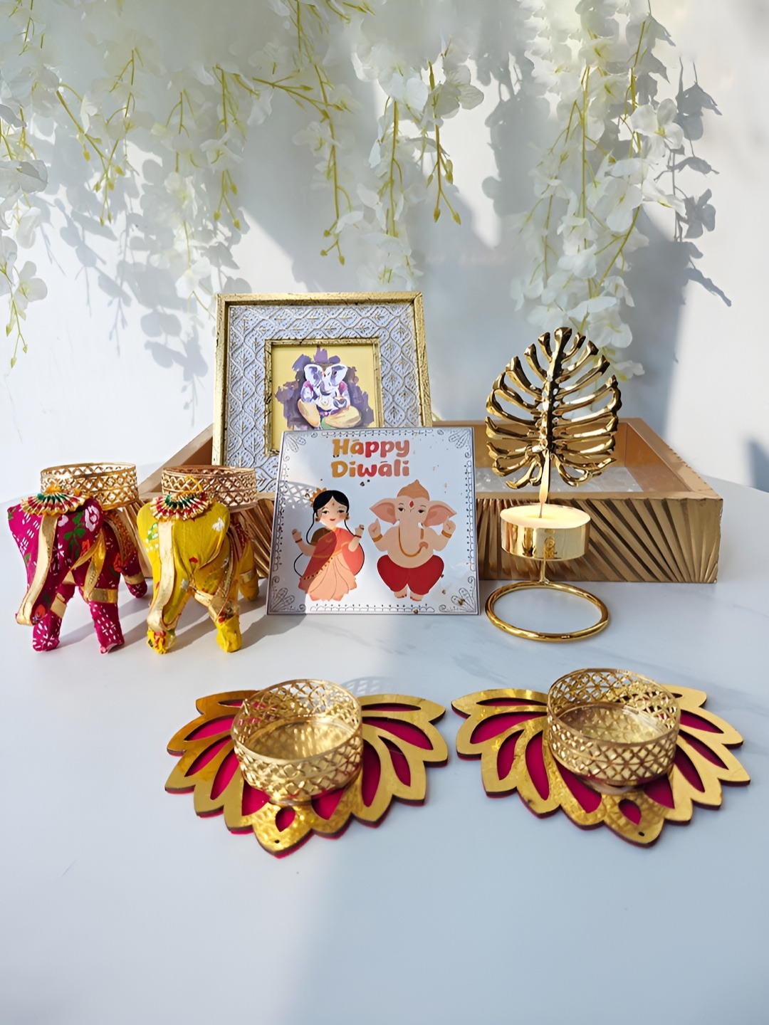 

Art Street Diwali Gift Hamper Set of 8 God Photo Frame, Four Diyas, Greeting Card & Tray, Gold