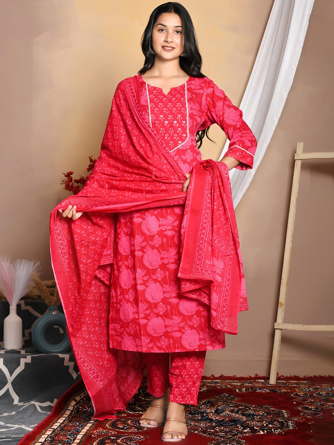 

Moktika Floral Printed Mirror Work Pure Cotton Kurta with Trouser & Dupatta, Pink