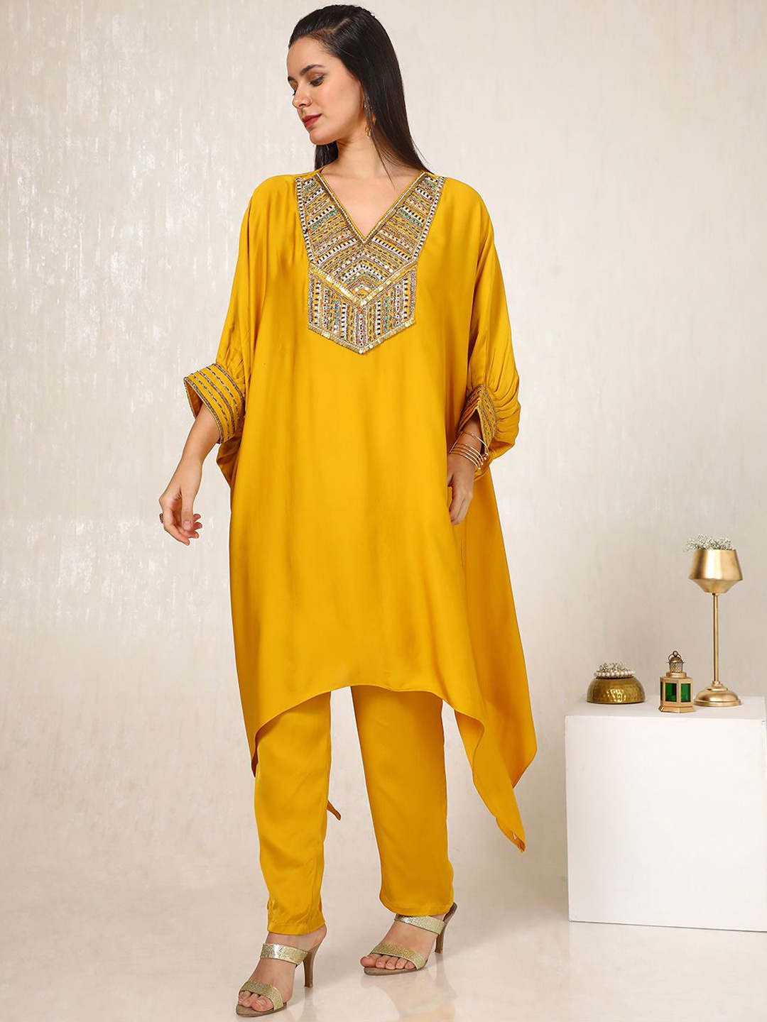 

Soch V-Neck Three-Quarter Sleeves Regular Mirror Work Kaftan Kurta With Trouser, Mustard