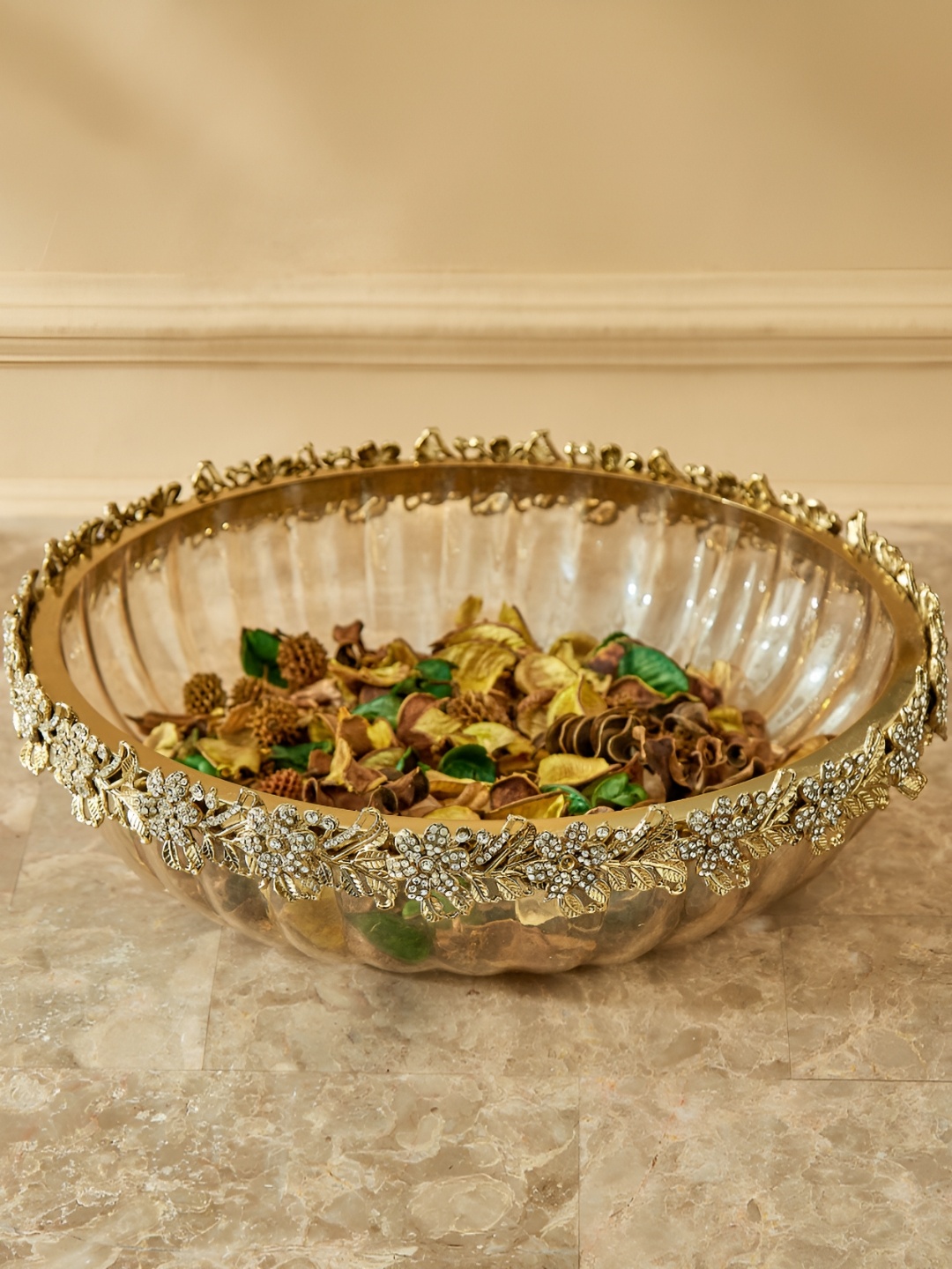 

Home Centre Fables Glitz Glass Gold-Toned Floral Embellished Round Shaped Decorative Bowl