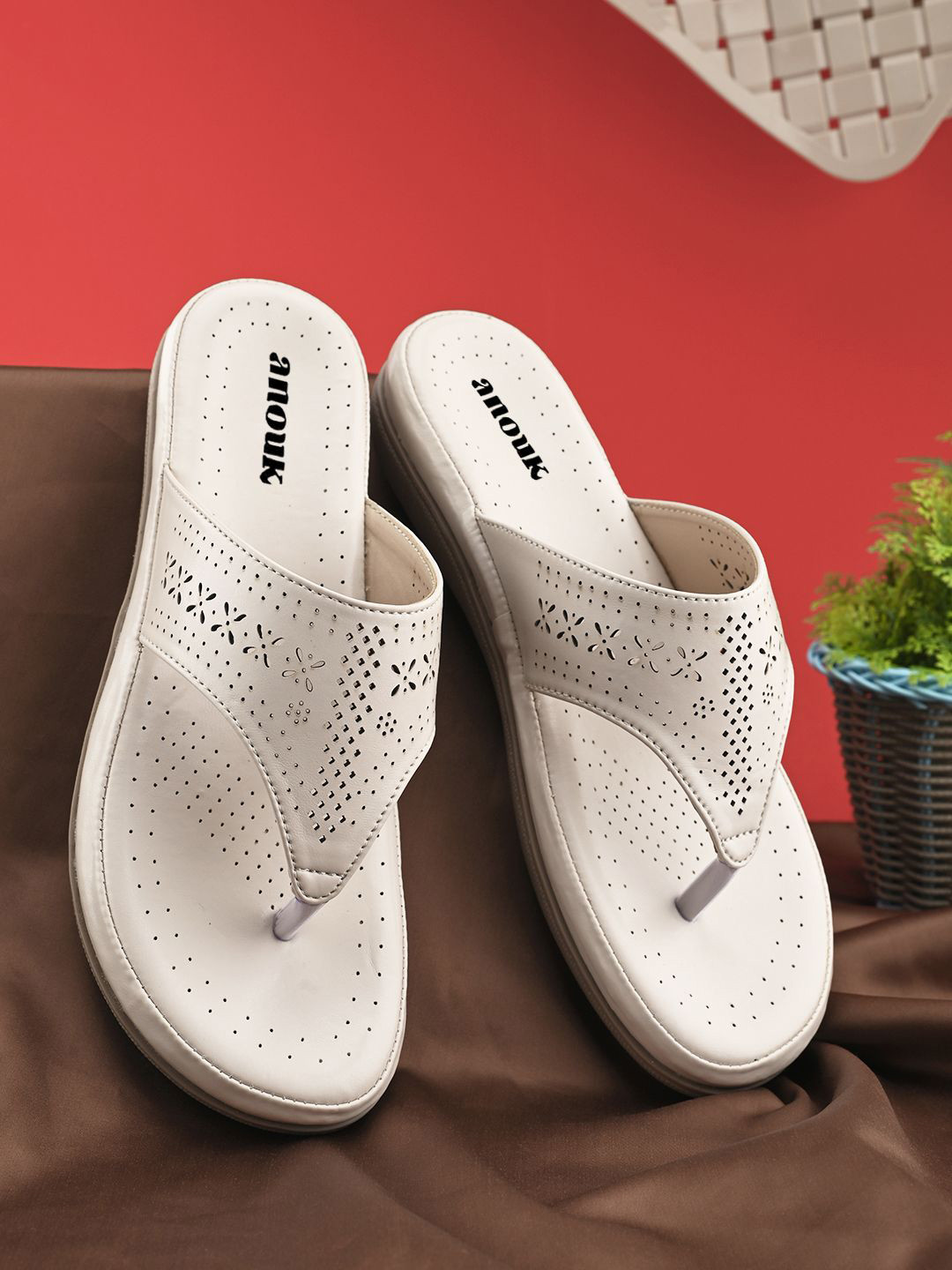 

Anouk Women Embellished Open Toe Flats with Laser Cuts, Cream