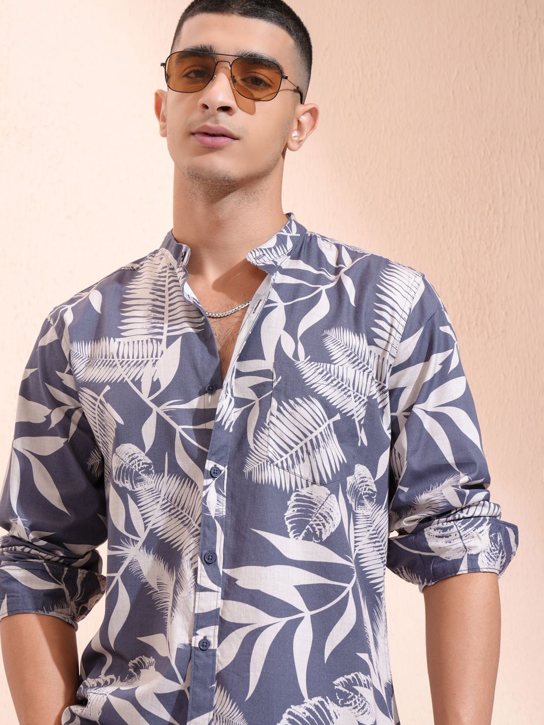 

Highlander Men Printed Mandarin Collar Casual Shirt, Blue