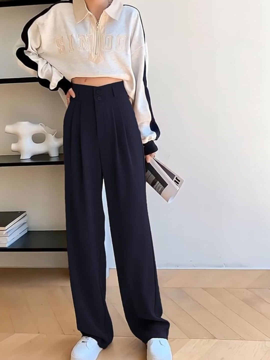 

Next One Women Navy blue Pleated Korean Pants