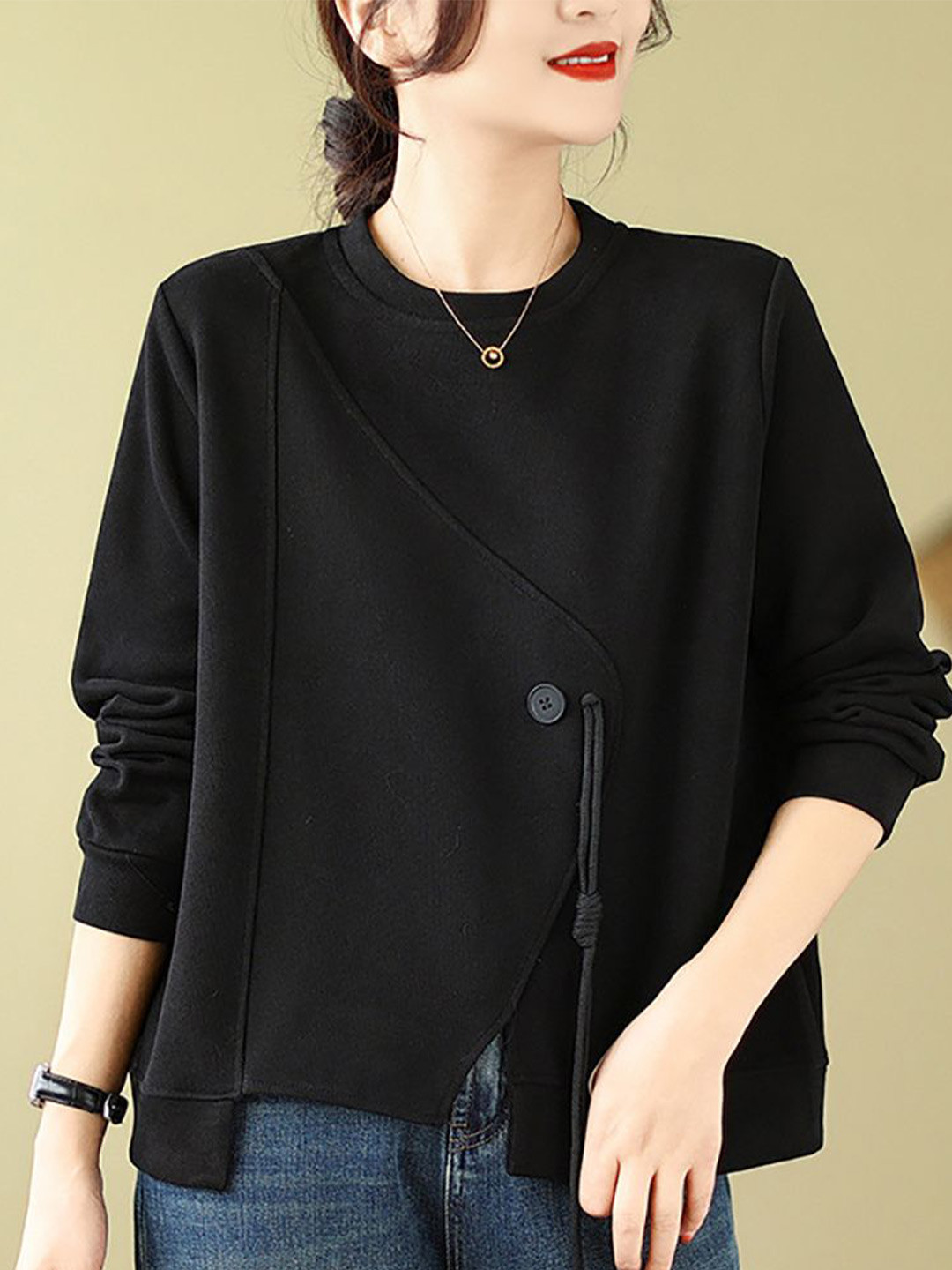 

StyleCast x Revolte Women Solid Round Neck Cotton Pullover Straight Sweater, Black