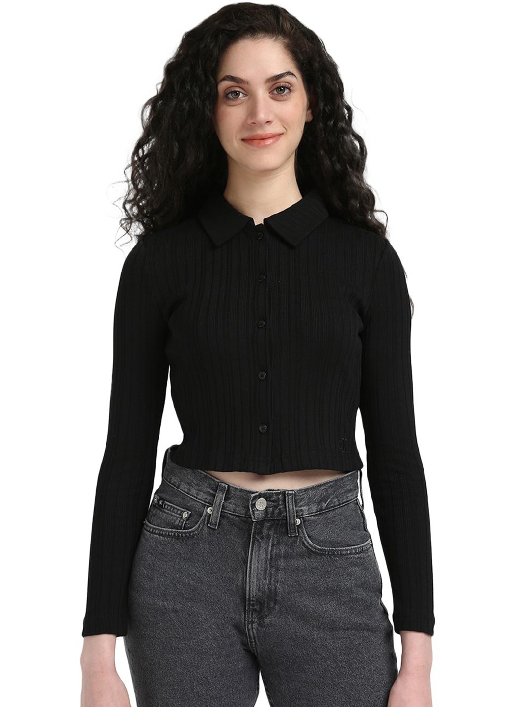 

Calvin Klein Jeans Women Polo Collar Crop T-shirt, Black