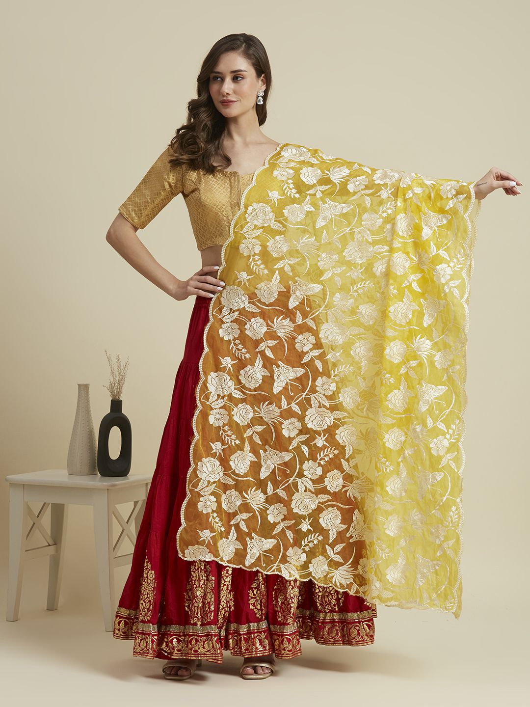 

Dupatta Bazaar Butterfly and Floral Embroidered Thread Work Organza Dupatta, Yellow