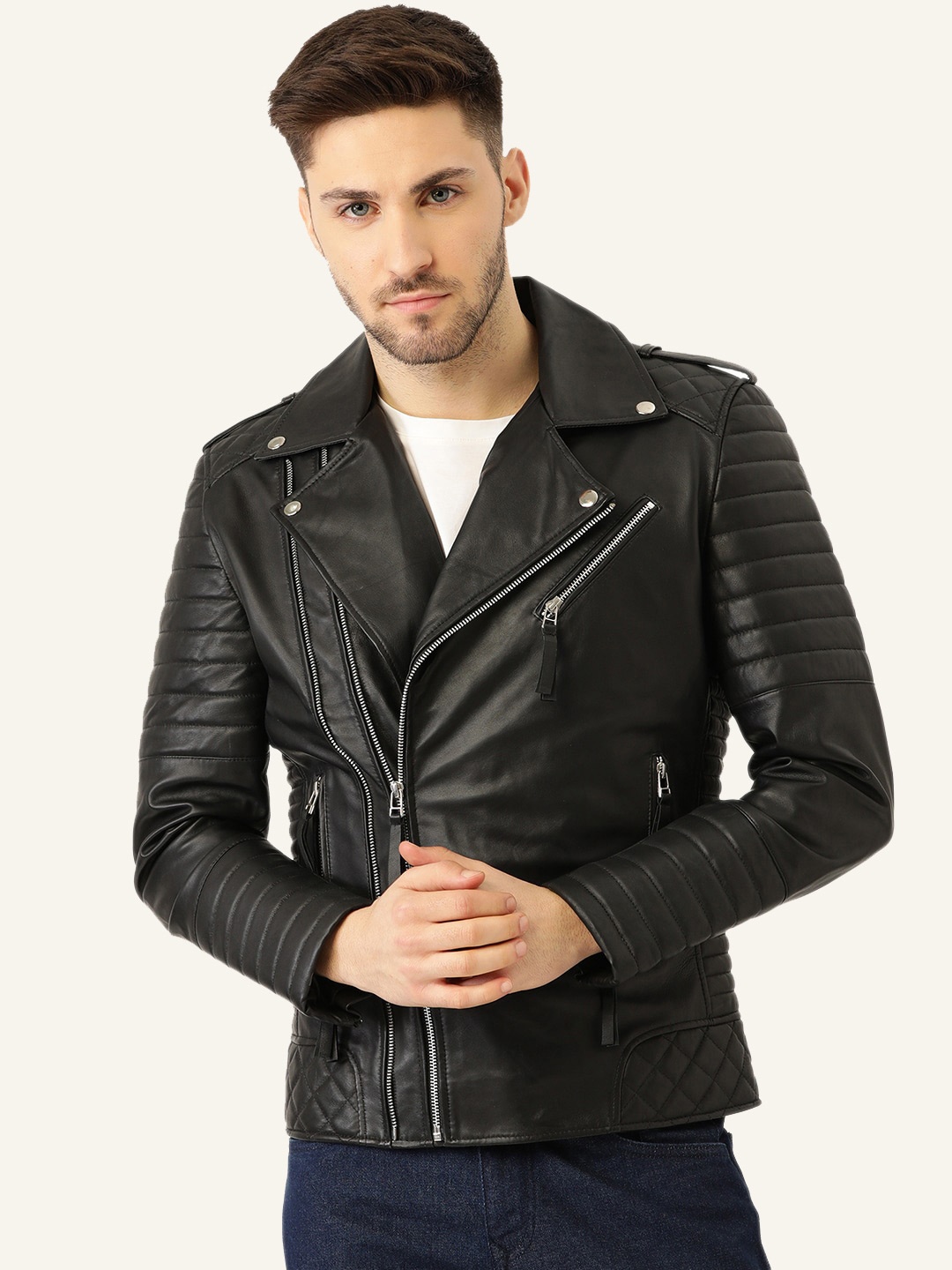 

Leather Retail Men Lapel Collar Solid PU Casual Biker Jacket, Black